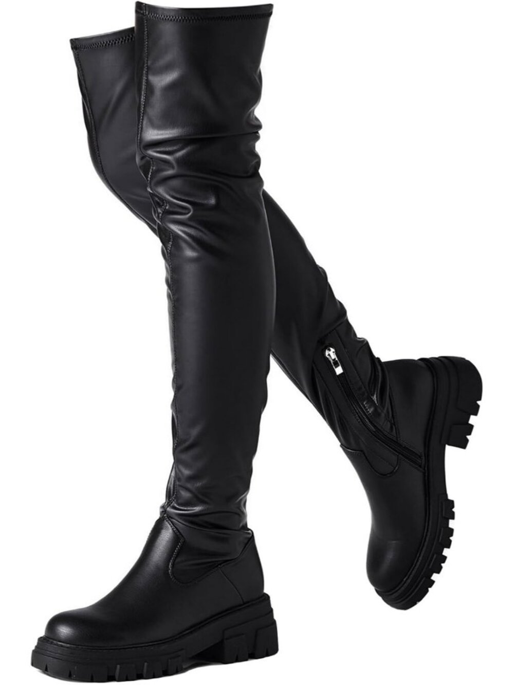 Women's Black Thigh High Boot Chunky Heel Zipper Faux Leather Over The Knee Boot